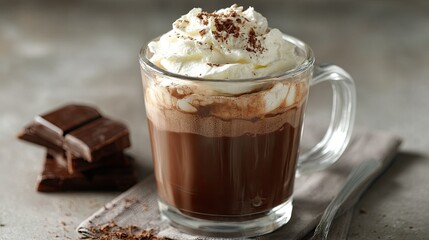 Hot chocolate with whipped cream in a clear glass mug, showing layers of chocolate and creamy topping