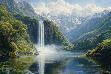 Stunning Waterfall Cascading into Pristine Lake Surrounded by Lush Greenery and Majestic Snow-Capped Mountains Under a Cloudy Sky