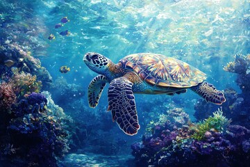 Fototapeta premium Vibrant Sea Turtle Swimming Gracefully in a Colorful Coral Reef Under Sunlit Ocean Waters