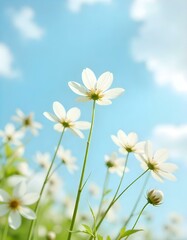 A worm’s-eye view of delicate white summer flowers reaching upward toward a softly clouded sky. 