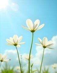 A worm’s-eye view of delicate white summer flowers reaching upward toward a softly clouded sky. 