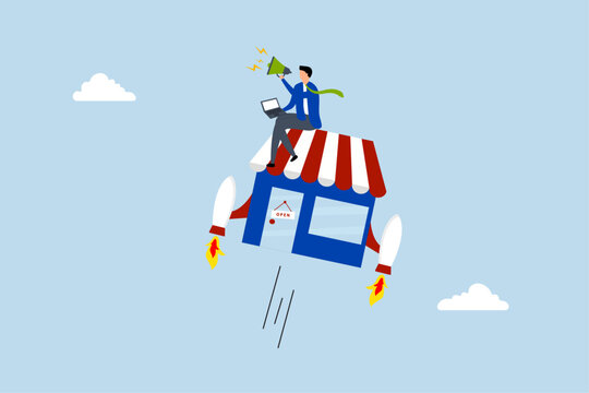 promotion to boost sales, businessman promote his shop with rocket booster flying.