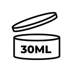 open container icon with 30ml label, black and white line art, vector illustration, packaging design