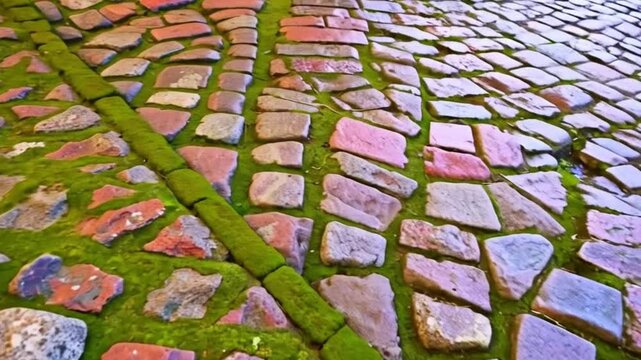 Historisches Kopfsteinpflaster mit moosbewachsenen Fugen und farbigen Steinen