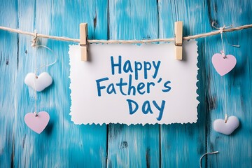 "Happy Father's Day" Note on Rope against Blue Wooden Background