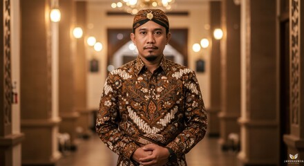 Portrait of a Javanese man wearing a typical Javanese batik suit