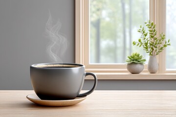 Obraz premium A hyper realistic close-up of fresh coffee steaming in a ceramic mug beside sunlight window