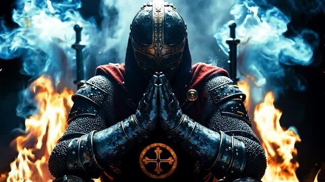A man in armor with his hands clasped in prayer in front of a fire