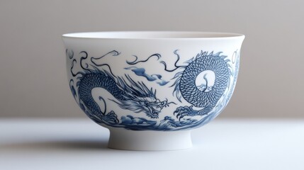 A single porcelain teacup with a delicate blue dragon pattern, placed on a plain white surface