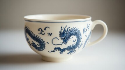 A single porcelain teacup with a delicate blue dragon pattern, placed on a plain white surface