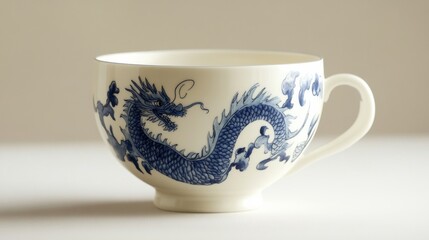 A single porcelain teacup with a delicate blue dragon pattern, placed on a plain white surface