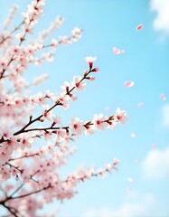 A blooA cherry blossom tree with white petals marked by soft pink spots rises from the bottom of the frame, its delicate branches extending upward toward the sky. 