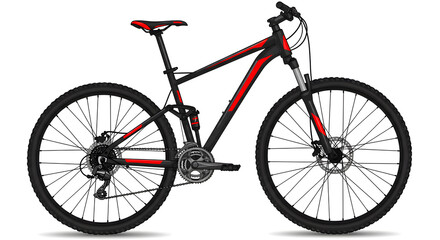Fototapeta premium Black And Red Mountain Bike Isolated On White Background Detailed View Of Components