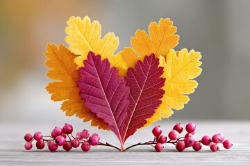 A pile of leaves shaped into a heart using only three colors orange red and yellow