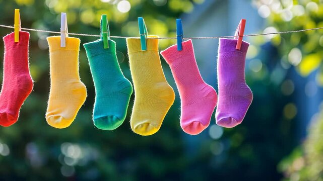 Vibrant socks dancing in sunlight on clothesline with greenery background