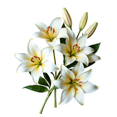 Naklejka premium White lily flower with green leaves and buds, fresh natural bloom with soft petals and orange stamens