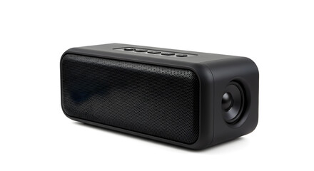 Obraz premium Black Audio Speaker With Textured Front Panel Isolated On White Background