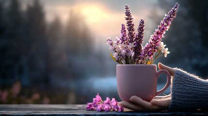 Pink mug holds flowers, sunrise view