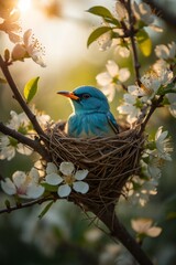Blue Bird in Nest Amid Blossoming Flowers
