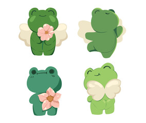 Set of vector stickers isolated on white background. Cute green frogs with flowers will bring fun and croaking to any of your projects.