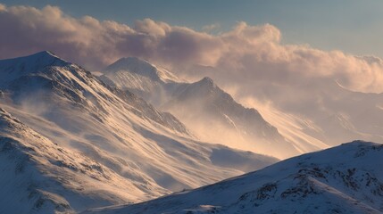 Naklejka premium Snowy mountain slopes glowing in the early morning light, with soft clouds scattered across the sky