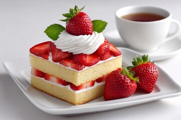A slice of strawberry shortcake with whipped cream and fresh strawberries
