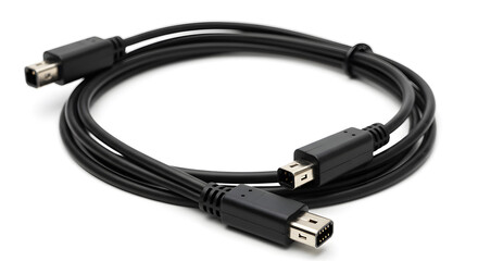 Black Electrical Cable with Connectors Isolated on White Background Technical Equipment Close Up