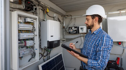 Male engineer inspecting solar panel equipment in technical facility  