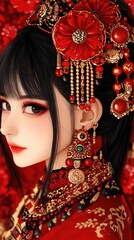 Elegant anime woman with red flower hairpiece, ornate gold jewelry and bold makeup