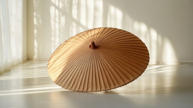 A traditional Chinese umbrella made of oiled paper, displayed closed on a neutral floor 