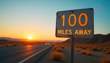 A reflective metal road sign on a desert highway at sunset, clear blue sky with orange hues, indicating the next town is 100 miles away.