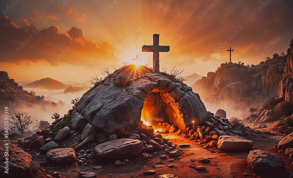 Poster cross is on top of a rock structure in a rocky area. the sun is shining on the cross, creating a war