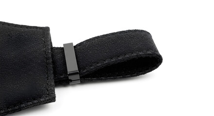 Black Glitter Fabric Strap with Metallic Clasp Against White Background