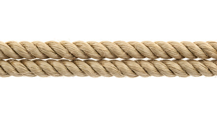 Close Up of Two Parallel Textured Beige Ropes Isolated on White Background
