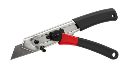 Fototapeta premium Close Up Of Utility Knife With Black Handle And Red Accents On White Background