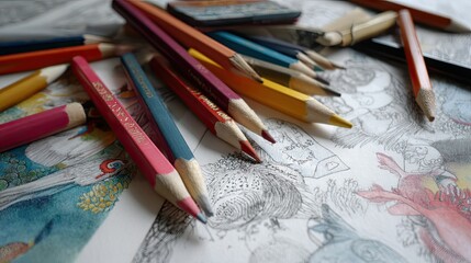 Various colored pencils scattered on a white sheet of paper with artistic sketches and doodles
