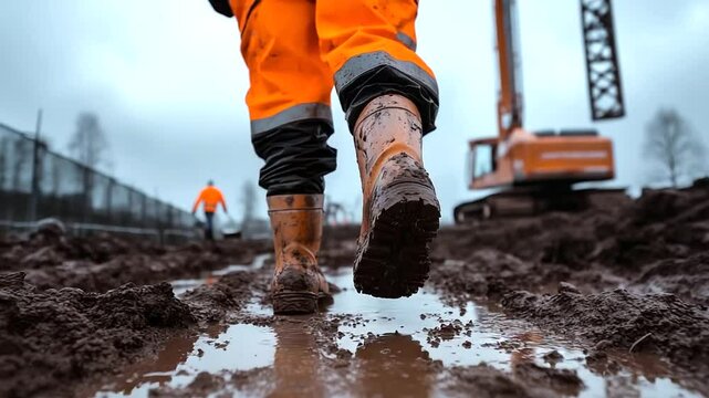 A construction site covered in deep mud, where a worker in orange gear pushes forward, his boots caked in dirt, symbolizing the challenges and determination of the job.