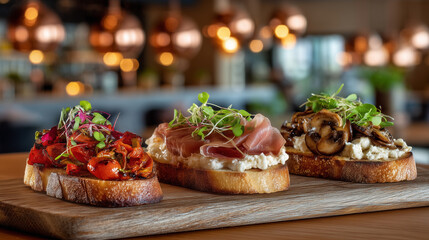 贅沢な前菜ブルスケッタの三種盛り合わせ | 木製プレート