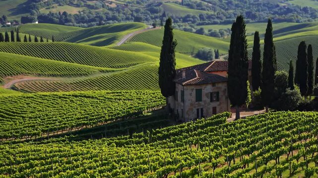 Villa surrounded by cypress trees and a vineyard depicted in an engraving style, representing a rural wine region landscape, serves as a design element for wineries and wine shops in a vector vintage