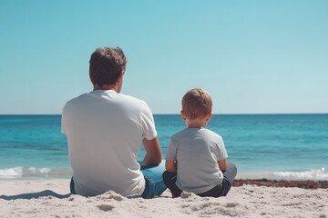 Fototapeta premium Father and Son Sitting on Beach Watching the Ocean – Family Bonding Moment on Summer Day