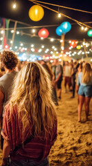 A young woman with long, wavy blonde hair stands facing a lively festival scene filled with colorful lanterns and glowing lights, while people enjoy the festive atmosphere