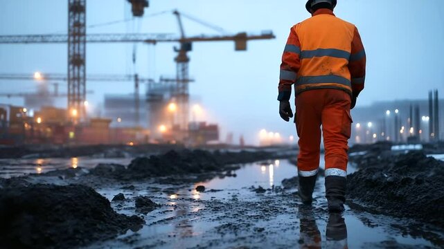 A worker in bright orange safety gear moves through a cold, muddy construction site at dawn, with fog rolling in and cranes looming overhead, capturing the spirit of perseverance.