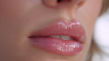 Naklejka premium Close-up of a young woman's lips showcasing a glossy finish, emphasizing smooth skin texture and a soft, natural look evoking feelings of beauty and elegance