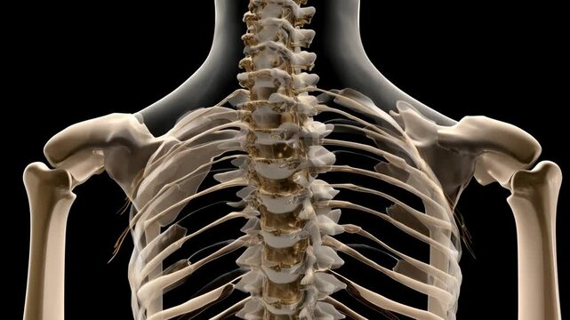 Close-up view showing the bony structure and articulation points of the upper human spine, shoulder bones, and ribs against black background.