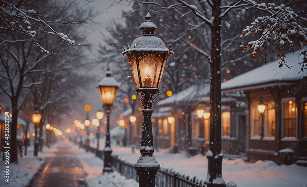 Poster street scene with a lamp post lit up in the snow. the street is empty and quiet, with only a few peo