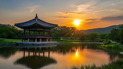 Fototapeta premium The picturesque view of the sun setting at Ttukseom Hangang Park (1)