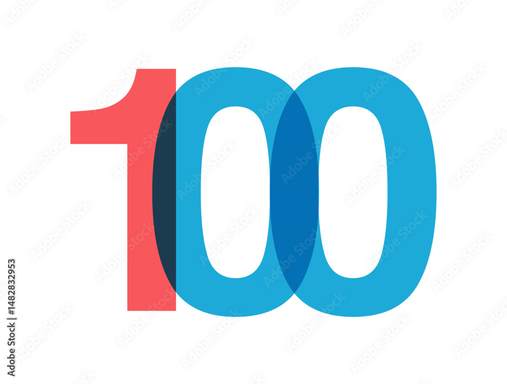 Poster overlapping red and blue 100 digits with transparent effect, evokes modernity, joy, energy. annivers