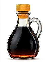 Dark brown liquid in a clear glass bottle with a gold cap and handle, isolated on white background. The bottle is pear shaped and full of the liquid. 