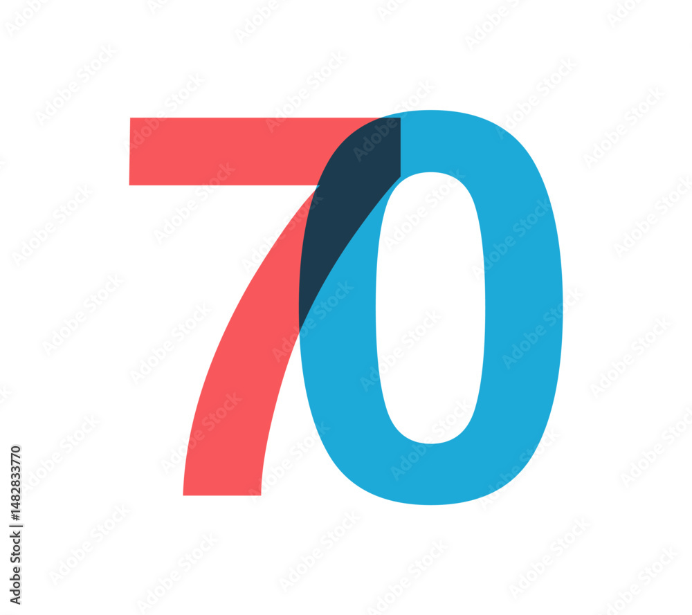 Poster overlapping red and blue 70 digits with transparent effect, evokes modernity, joy, energy. anniversa
