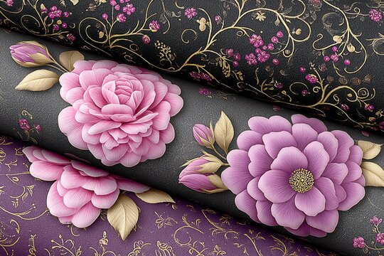 Dark enchanted floral layout with faded blooms decaying leaves and mystical gold foil vines